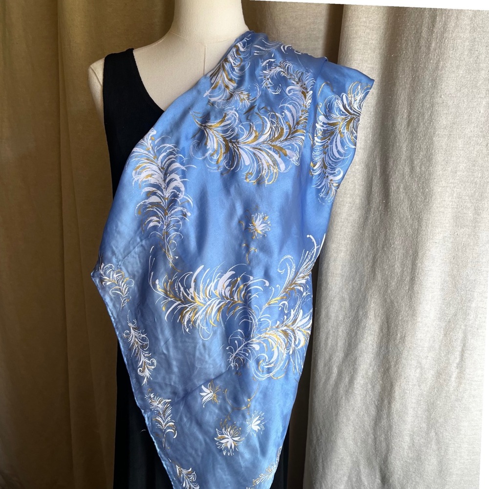 Vintage Glentex Silk Scarf Made In Japan Blue Gold Feather Print 34x34